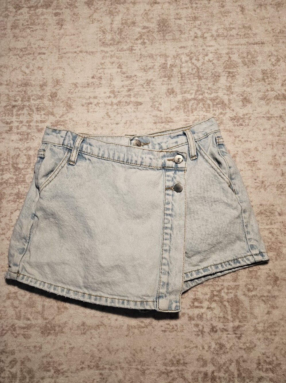 Altar'd State Light Blue Denim Skort with Asymmetrical Snap Front